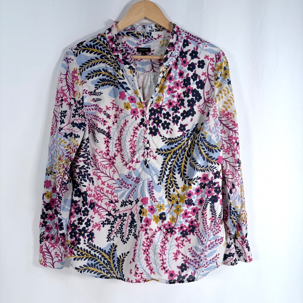 Talbots Blouse Multi-Color Floral Cotton Ruffle Collar Henley Top M Cottage Core